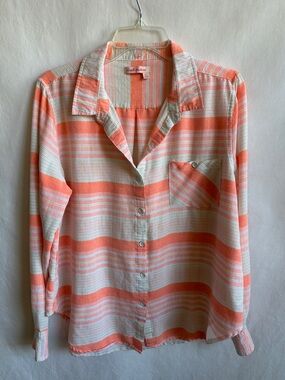 Fresh Produce peach, white, blue, and yellow striped button-down blouse, size XL